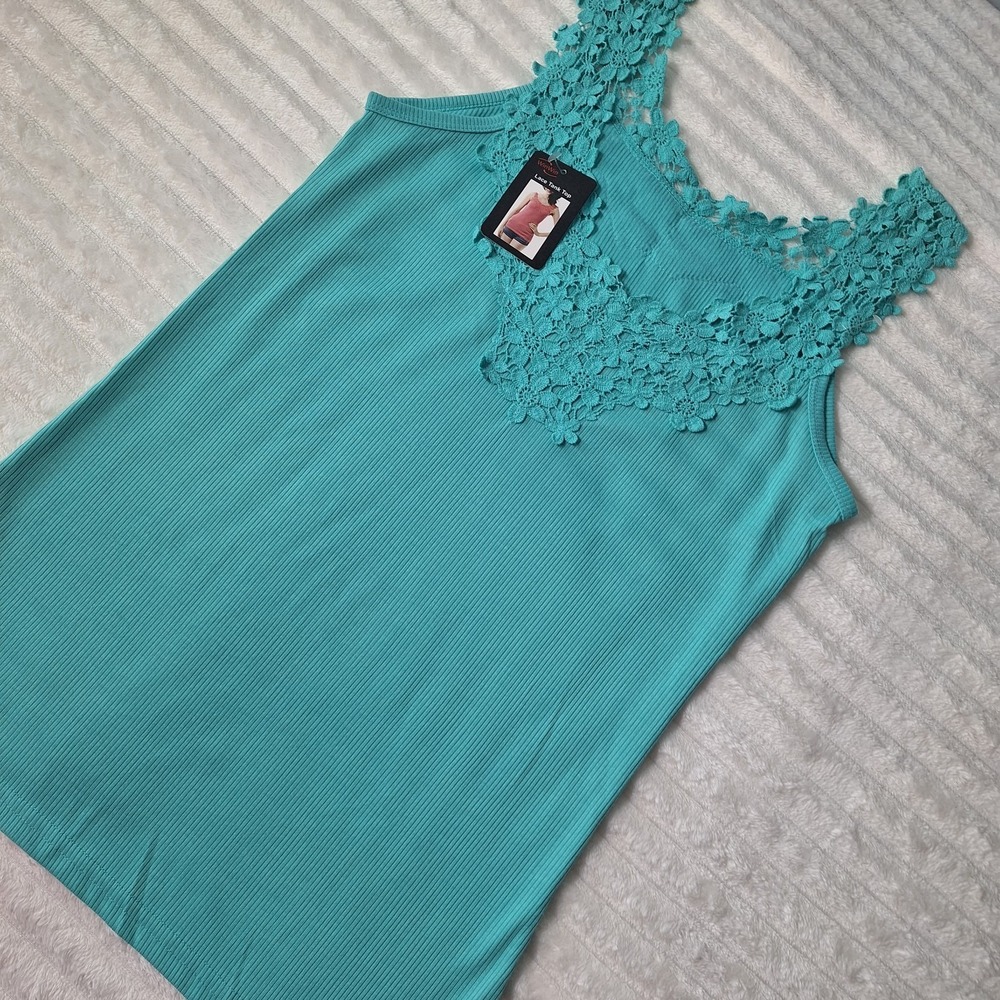 Crochet Lace Ribbed Tank Top Womens L/XL Turquoise Coquette Romantic Festival